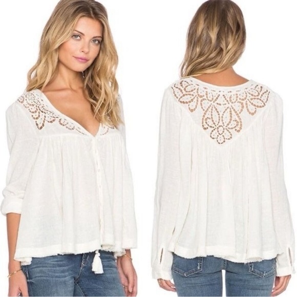 [M]Free People Cream Doin’It Right Embroidery Detail Babydoll Cotton Blend Top - Picture 1 of 10